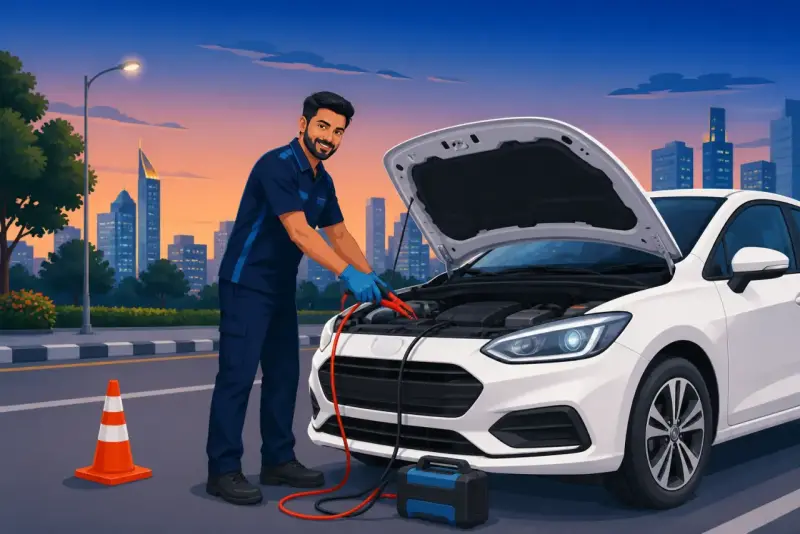 RSAwale technician jumpstarting a car in Bengaluru